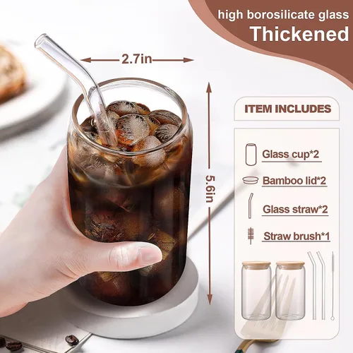 Vista 3 de DWTS DANWEITESI Tazas de café helado con tapas, 2 piezas, tazas de vidrio de 16 onzas con tapas y pajitas como accesorios de barra de café, vasos