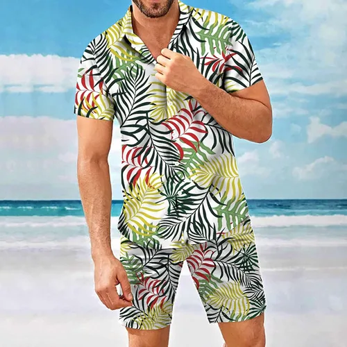 Vista 4 de Conjunto hawaiano de 2 piezas para hombre, trajes casuales de verano, camisa de manga corta con botones y pantalones cortos para vacaciones