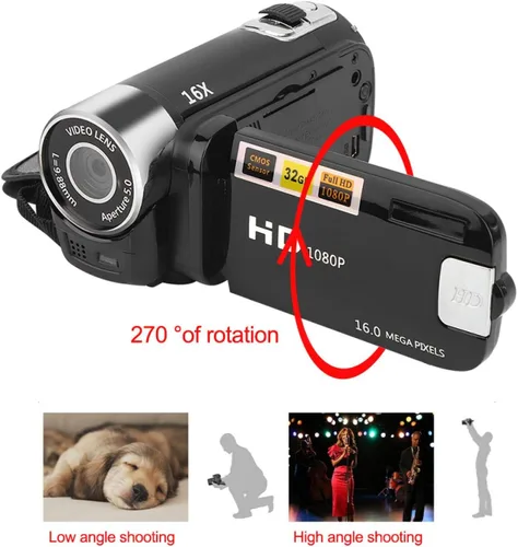 Vista 3 de Videocámara, cámara de video Full HD 1080P con cámara digital de 16 MP, pantalla LCD giratoria de 2.7 pulgadas, zoom digital 16X, videocámara
