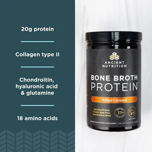 Vista 4 de Ancient Nutrition Polvo de proteína de caldo de hueso de res, caramelo salado, 20 porciones + polvo de proteína de caldo de hueso, vainilla, 20