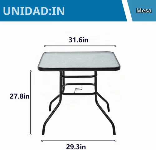 Vista 3 de Mesa de patio al aire libre con agujero para paraguas, mesa cuadrada de vidrio templado de 32 pulgadas, mesa de centro de conversación, marco