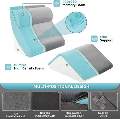 Vista 2 de Kingfun - Juego de 4 almohadas ortopédicas de cuña para cama, de espuma viscoelástica para dormir, almohada triangular transpirable, espuma