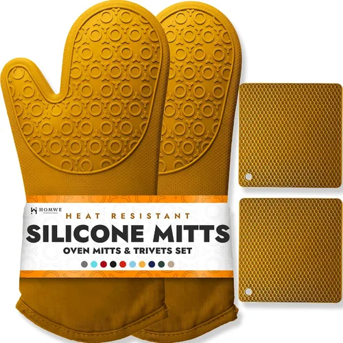 Vista 11 de HOMWE - Manopla de horno profesional y extralarga de silicona, guantes con forro acolchado, agarraderas resistentes al calor, guantes flexibles