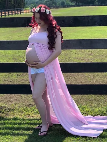 Vista 3 de Vestido de maternidad sin tirantes para mujer, con hombros descubiertos, para fotografía, vestido de gasa con abertura frontal para sesión de fotos