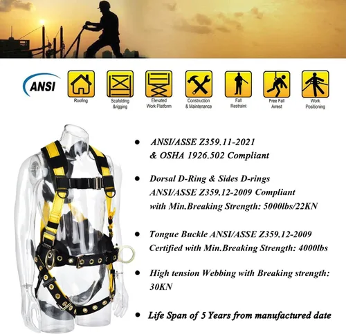 Vista 2 de 3D-Rings Fall Potection Safety Harness With Waist＆Leg Tounge Buckles Waist & Shoulder Pad Support ANSI Compliant