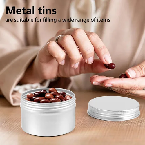 Vista 7 de Paquete de 12 latas, latas de 4 onzas con tapas, recipientes pequeños de aluminio de metal recargable, recipientes redondos para cosméticos de viaje