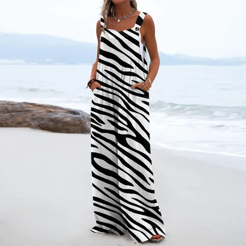 Vista 2 de Enterizo de verano para mujer 2023 con botones, casual, holgado, sin mangas, con bolsillos