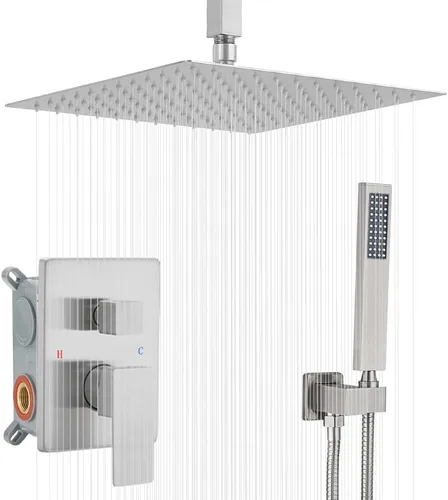 Vista 13 de Sistema de Ducha Dorado Cepillado para Baño con Cabezal de Ducha de Lluvia de 10 Pulgadas de Montaje en Techo con Ducha de Mano de Lujo de Alta