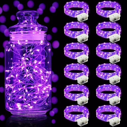 Vista 17 de Aogist Paquete de 24 luces de hadas, 3 modos, 2,1 metros, 20 luces LED, impermeables, cable plateado, funcionan con pilas, mini luces de alambre