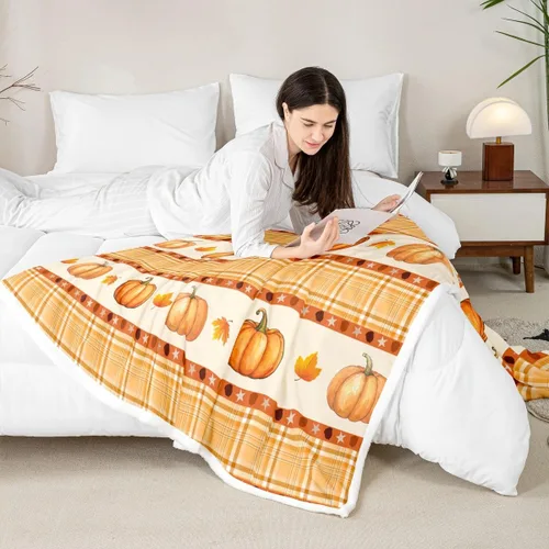 Vista 4 de Manfei Hello Fall Throw Blanket Pumpkin Maple Leaf Plaid Patchwork Fleece Blanket Autumn Theme Cozy Throws for Bed Couch Sofa,Kids Boys Girls Room