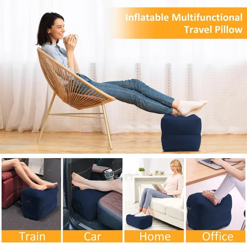 Vista 7 de Almohada inflable con reposapiés para viajes, altura ajustable, con máscara para los ojos y tapones para los oídos para niños y adultos en avión