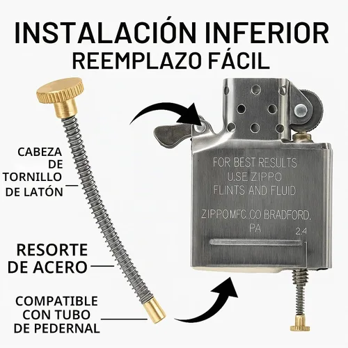 Vista 6 de Kit de reparación de mechero IN SELECT - Partes de repuesto de resorte de pedernal compatibles con mecheros Zippo, piezas de latón duraderas