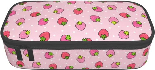 Vista 9 de Estuche para lápices con lunares rosados de fresa de gran capacidad, bolsa de papelería con cremallera, soporte portátil para bolígrafos