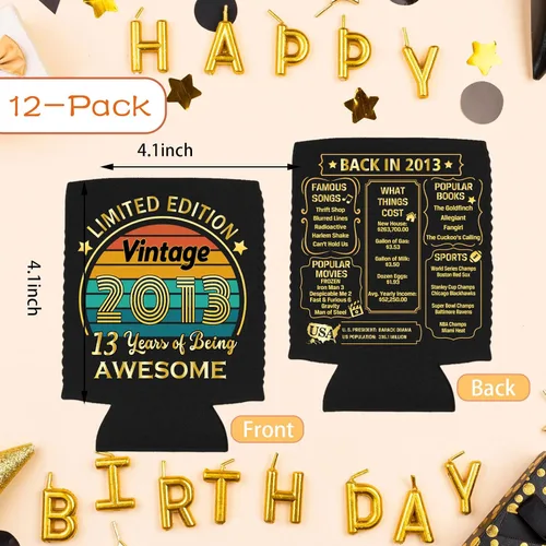 Vista 2 de Decoraciones de cumpleaños número 13, suministros y recuerdos de fiesta, fundas enfriadoras para latas de bebidas, paquete de 12, negro y dorado