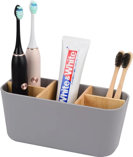 Vista 7 de Portacepillos de dientes para baños, soporte para cepillos de dientes de bambú con 5 ranuras, organizador de tocador de baño para encimera