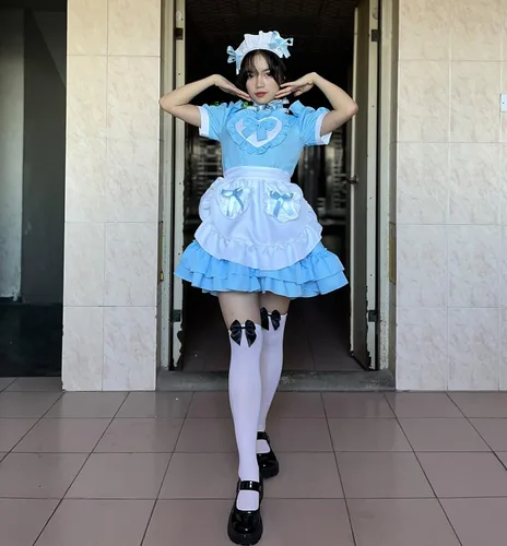 Vista 6 de Elibelle Disfraz de anime japonés clásico Sissy Maid Sweet Kawaii de corazón para cosplay, guantes peludos con orejas de gato