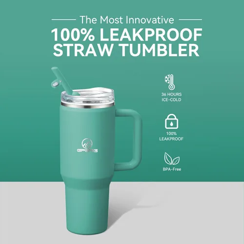 Vista 2 de Gpeng 30/40/50 oz Vaso con asa, botellas de agua con tapa de popote, taza de viaje de acero inoxidable aislada compatible con portavasos, mantiene