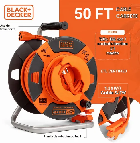 Vista 2 de BLACK+DECKER - Carrete de cable de extensión retráctil inversa de 50 pies