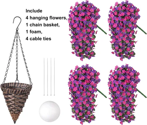 Vista 4 de Flores colgantes artificiales falsas con cesta para decoración al aire libre, resistentes a los rayos UV, flores de margaritas de seda sintética