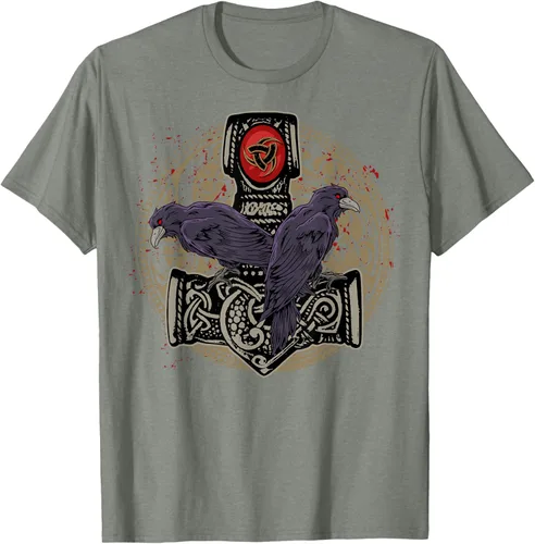Vista 29 de Thors Hammer Mjolnir Huginn and Muninn Odin Raven - Camiseta, Negro, S