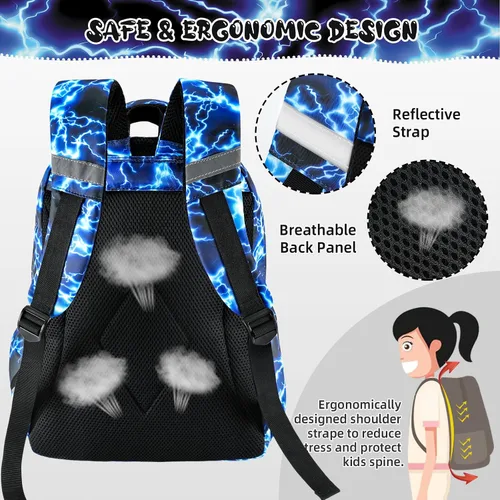 Vista 6 de Mochila para niños y niñas, juego de mochila para niños, bolsa ligera con lonchera y bolsa para lápices para primaria primaria Relámpagos.