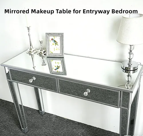 Vista 7 de Henf Mesa de maquillaje con espejo, mesa de tocador con acabado plateado, mesa de consola de 2 cajones para entrada, dormitorio, sala de estar