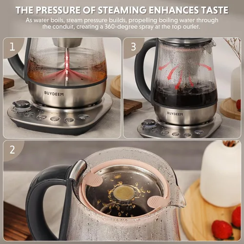 Vista 2 de BUYDEEM K176 - Tetera eléctrica multifuncional de acero inoxidable para preparar té y café, mantener el calor automático, 5 controles de sabor, 1.5L