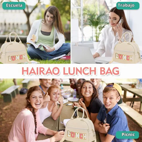Vista 7 de Lonchera para niñas y mujeres, bonita bolsa de almuerzo preparada con letras de chenilla, bolsa de almuerzo aislada de gran capacidad con correa