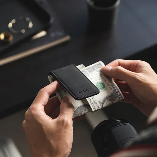 Vista 6 de VULKIT Clip magnético de cuero para dinero, portador de dinero, diseño minimalista con capacidad para hasta 15 billetes, Negro, Delgado