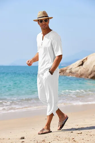 Vista 3 de COOFANDY Conjunto de 2 piezas de lino para hombre, camisa Henley de manga corta y pantalones capri harén, pierna ancha, holgados, pantalones de yoga