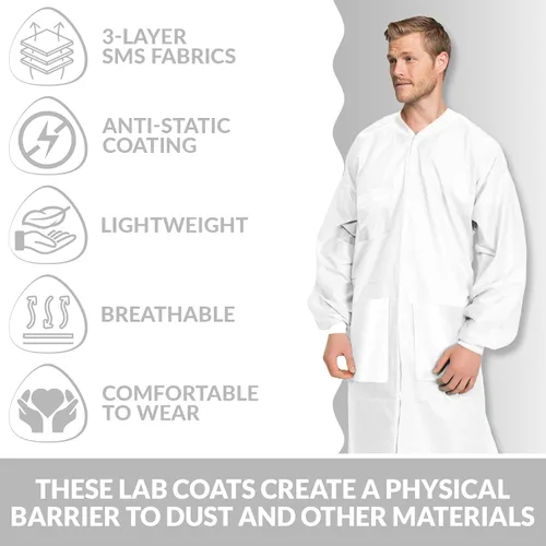 Vista 3 de Medical Nation Paquete de 10 abrigos de laboratorio desechables Abrigo de laboratorio duradero de 1.76 oz SMS hasta la rodilla, reutilizable