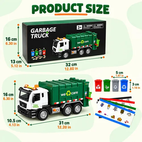 Vista 9 de 12" Garbage Truck Toy for Kids Ages 3-8, Large Trash Truck Vehicle