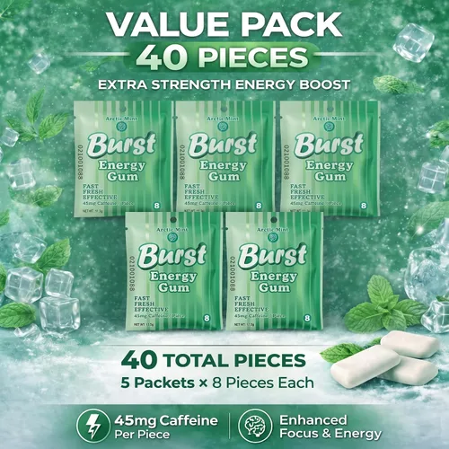 Vista 3 de Burst Energy Gum - 45 mg de cafeína por pieza, enfoque y ráfaga de energía, menta ártica, 5 paquetes de 8 (40 piezas), gestiona el estrés, encías