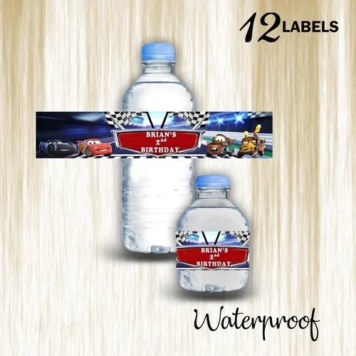 Vista 2 de Calcomanías impermeables para botellas de agua para niños, personalizables, paquete de 12 (coches)