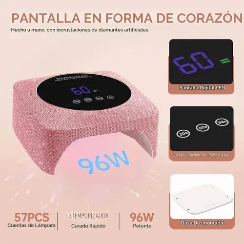 Vista 3 de Lámpara de uñas LED UV inalámbrica de 96 W para uñas de gel, diamantes de imitación