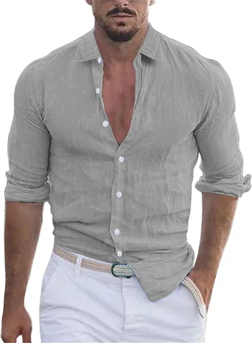 Vista 10 de Camisa de algodón y lino con botones para hombre, cuello de solapa de manga larga, estilo hippie casual para ropa de playa
