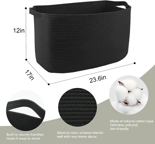 Vista 2 de MEGASKET Cesta extra grande para mantas, 23.6 x 17 x 12 pulgadas, almacenamiento de manta negra para sala de estar, soporte de almohada de cuerda