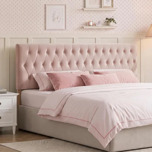 Vista 23 de Kingfun Cabecera capitonada tapizada para cama de tamaño completo con diseño moderno de botones, cabecera ajustable de madera maciza, cabeceros Rosa