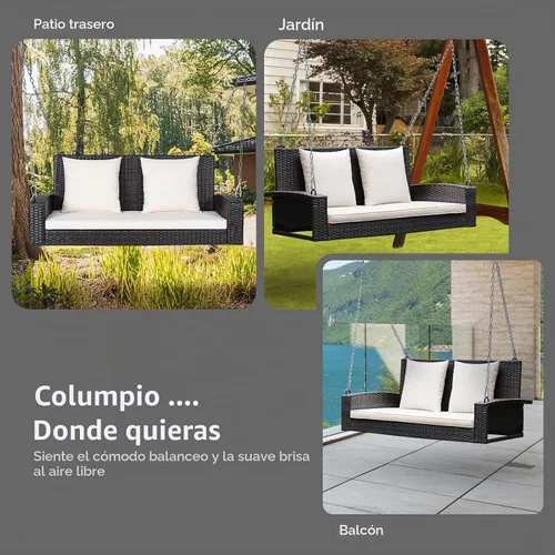 Vista 9 de RELAX4LIFE - Columpio de mimbre de 2 asientos, con dos cadenas de acero sólido de 7.9 pies, cómodos cojines de respaldo y asiento, para pórtico