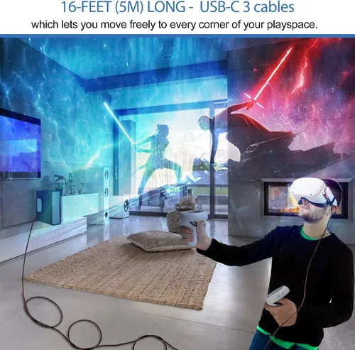 Vista 2 de Kuject - Cable Link USB 30 tipo A a C de 16 pies de largo compatible con Oculus Quest 2 cable de carga largo hecho de nailon trenzado