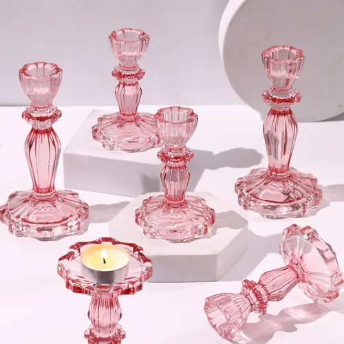 Vista 8 de Juego de 6 Portavelas de Ámbar, Portavelas para Velas Cónicas, 4.3" de Alto y 6.3" de Alto Portavelas de Vidrio para Candelabros y Velas de Pilar