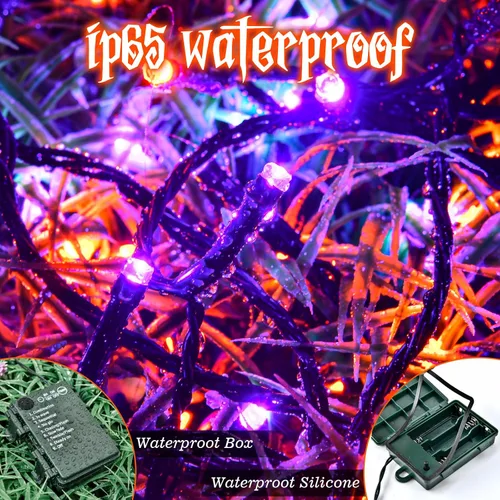 Vista 4 de Luces de Cadena de Halloween Total 100LED Operadas por Batería Exteriores 8 Modos con Temporizador 16.4Pies*2, 50LED*2 Luces de Hadas Impermeables