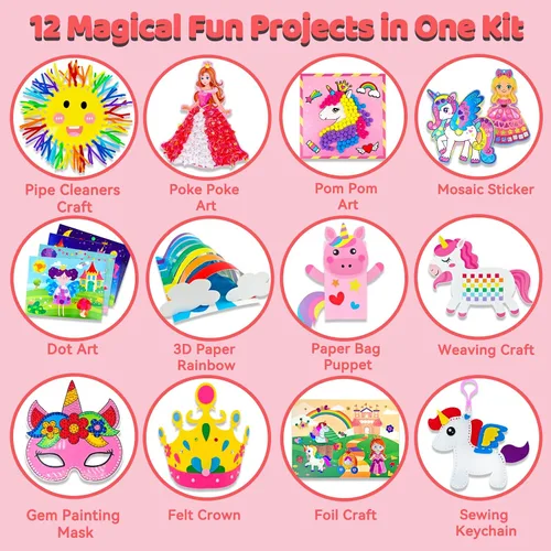 Vista 2 de 7july Caja de manualidades de unicornio, 12 divertidas artes y manualidades para niños de 4 a 8 años, juguetes creativos educativos, proyectos