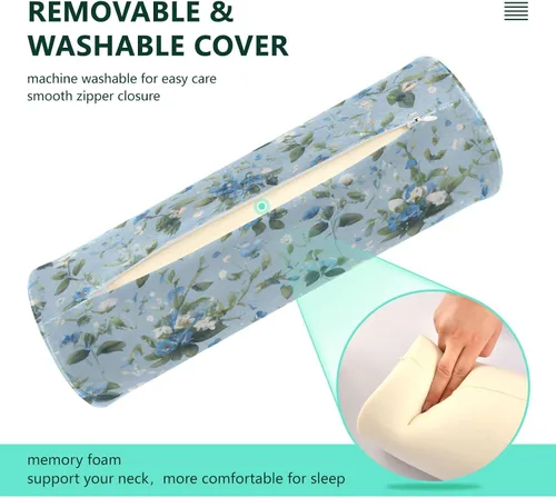 Vista 4 de Cervical Neck Roll, White Blue Flowers Round Pillow Washable Memory Foam Pillows, Bolster Pillow for Improved Sleeping, Travel, Home