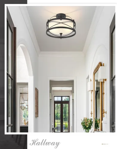 Vista 7 de Accesorios de luz de tambor para entrada, lámpara de techo rústica de montaje semiempotrado para pasillo, sala de estar, dormitorio, cocina (negro)