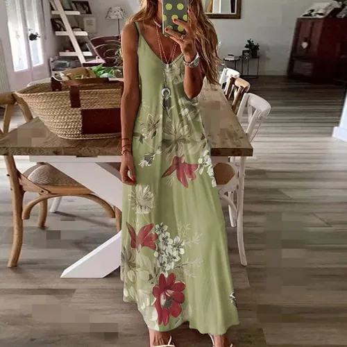 Vista 2 de Vestido largo de verano para mujer, estampado floral, bohemio, tirantes delgados, sexy, cuello en V, vestido de playa, vestido largo de moda