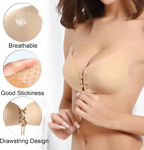 Vista 2 de Sticky Bra 2 Pairs Invisible Adhesive Push Up Bra Backless Strapless Bra Cotton Stick On Bra for Backless Dress
