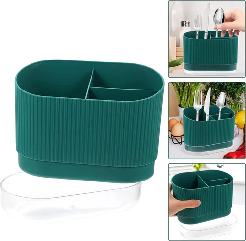 Vista 5 de Soporte para utensilios de cocina, organizador de cubiertos de plástico con drenaje para palillos, 3 compartimentos, cuchara y tenedor