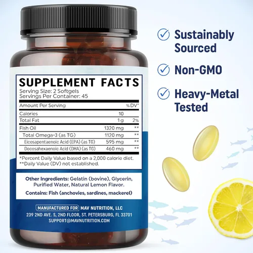 Vista 6 de Aceite de pescado Omega 3 para adolescentes Salud cerebral, concentración y apoyo del estado de ánimo, 1120 mg de Omega3 595 mg EPA + 460 mg DHA
