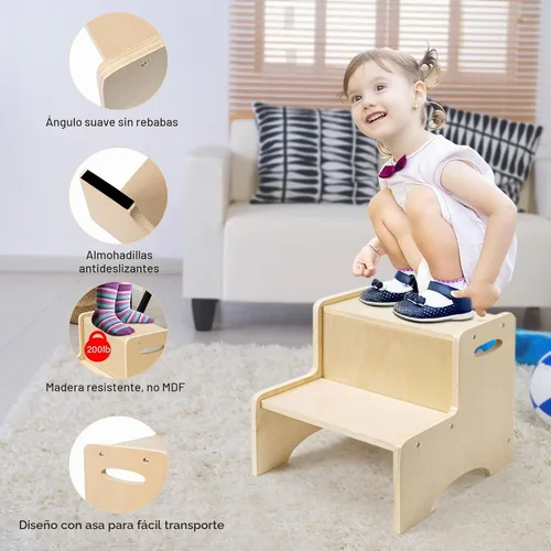 Vista 6 de WOOD CITY Taburete de Paso de Madera para Niños Pequeños, Taburete para Baño y Cocina, Taburete Natural de Dos Niveles para Dormitorio, Taburete